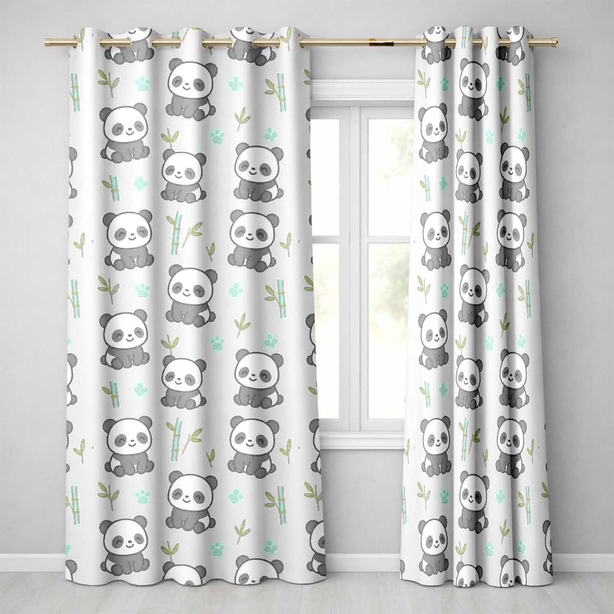 Cute Panda Bamboo Cartoon Animal Pattern Readymade Eyelet Ring Top Thermal 100% Blackout Curtains
