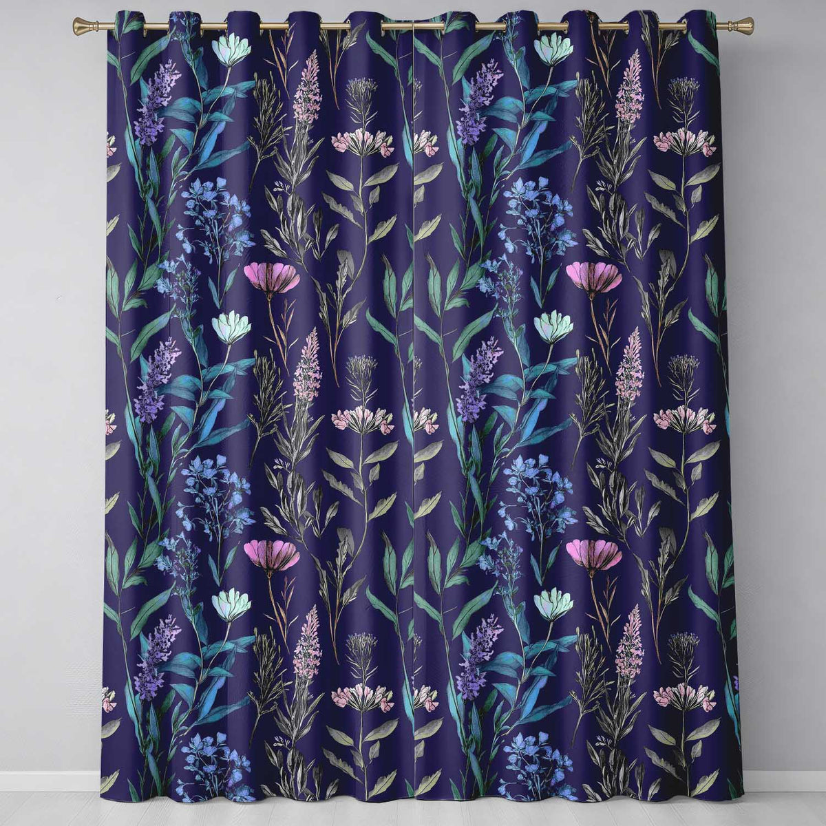 Floral Botanical Purple Flower Pattern Readymade Eyelet Ring Top Thermal 100% Blackout Curtains