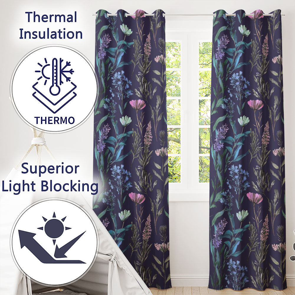 Floral Botanical Purple Flower Pattern Readymade Eyelet Ring Top Thermal 100% Blackout Curtains