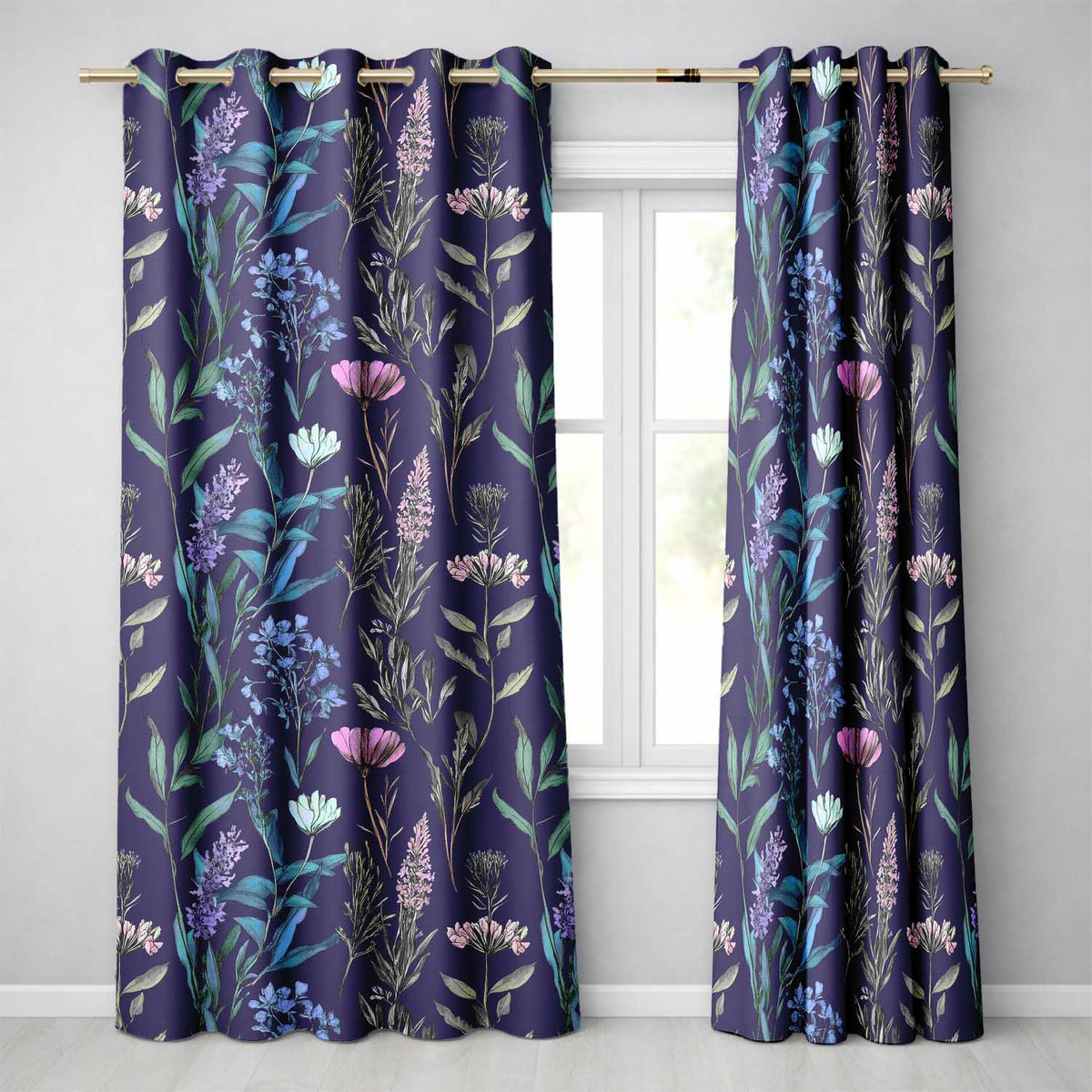 Floral Botanical Purple Flower Pattern Readymade Eyelet Ring Top Thermal 100% Blackout Curtains