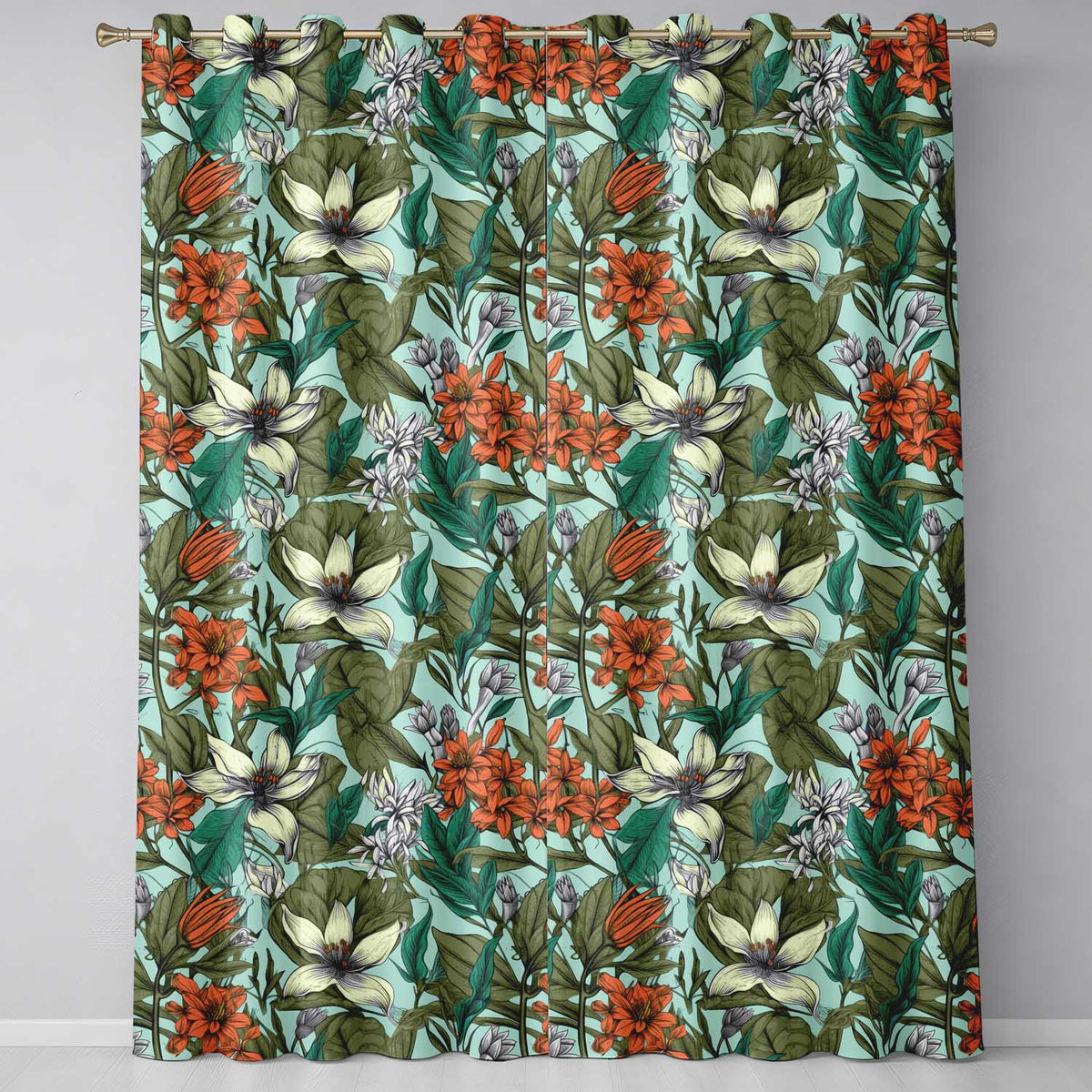 Elegant Floral Leave Blue Background Pattern Readymade Eyelet Ring Top Thermal 100% Blackout Curtains