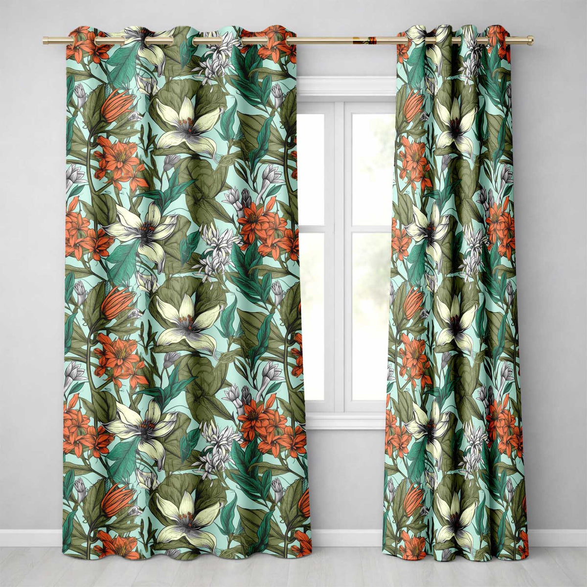 Elegant Floral Leave Blue Background Pattern Readymade Eyelet Ring Top Thermal 100% Blackout Curtains