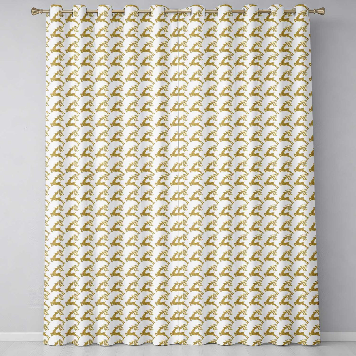Gold Glitter Reindeer Christmas Pattern Readymade Eyelet Ring Top Thermal 100% Blackout Curtains