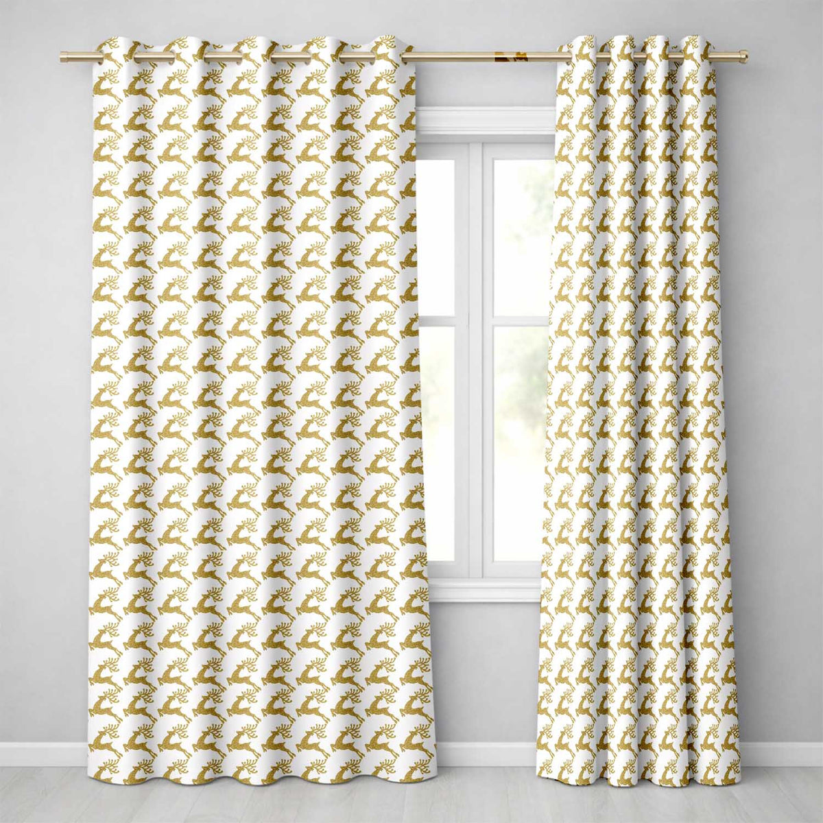 Gold Glitter Reindeer Christmas Pattern Readymade Eyelet Ring Top Thermal 100% Blackout Curtains