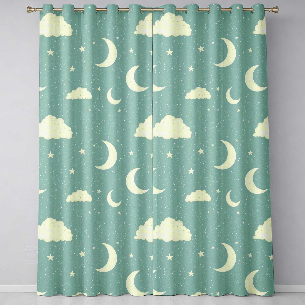 Soft Teal Moon Stars Dreamy Sky Pattern Readymade Eyelet Ring Top Thermal 100% Blackout Curtains