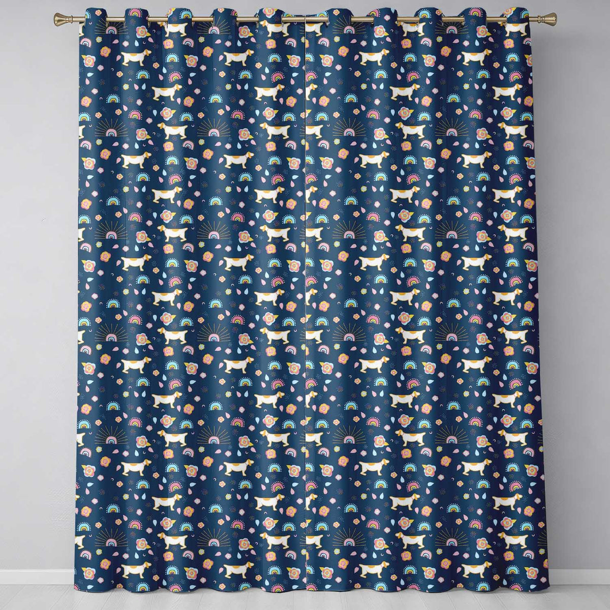 Boho Dog Floral Rainbow Navy Background Readymade Eyelet Ring Top Thermal 100% Blackout Curtains
