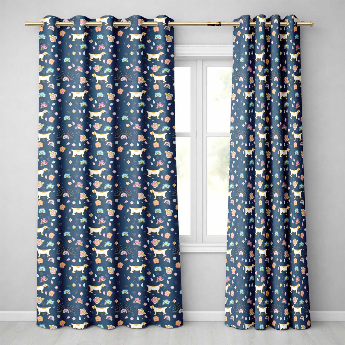 Boho Dog Floral Rainbow Navy Background Readymade Eyelet Ring Top Thermal 100% Blackout Curtains