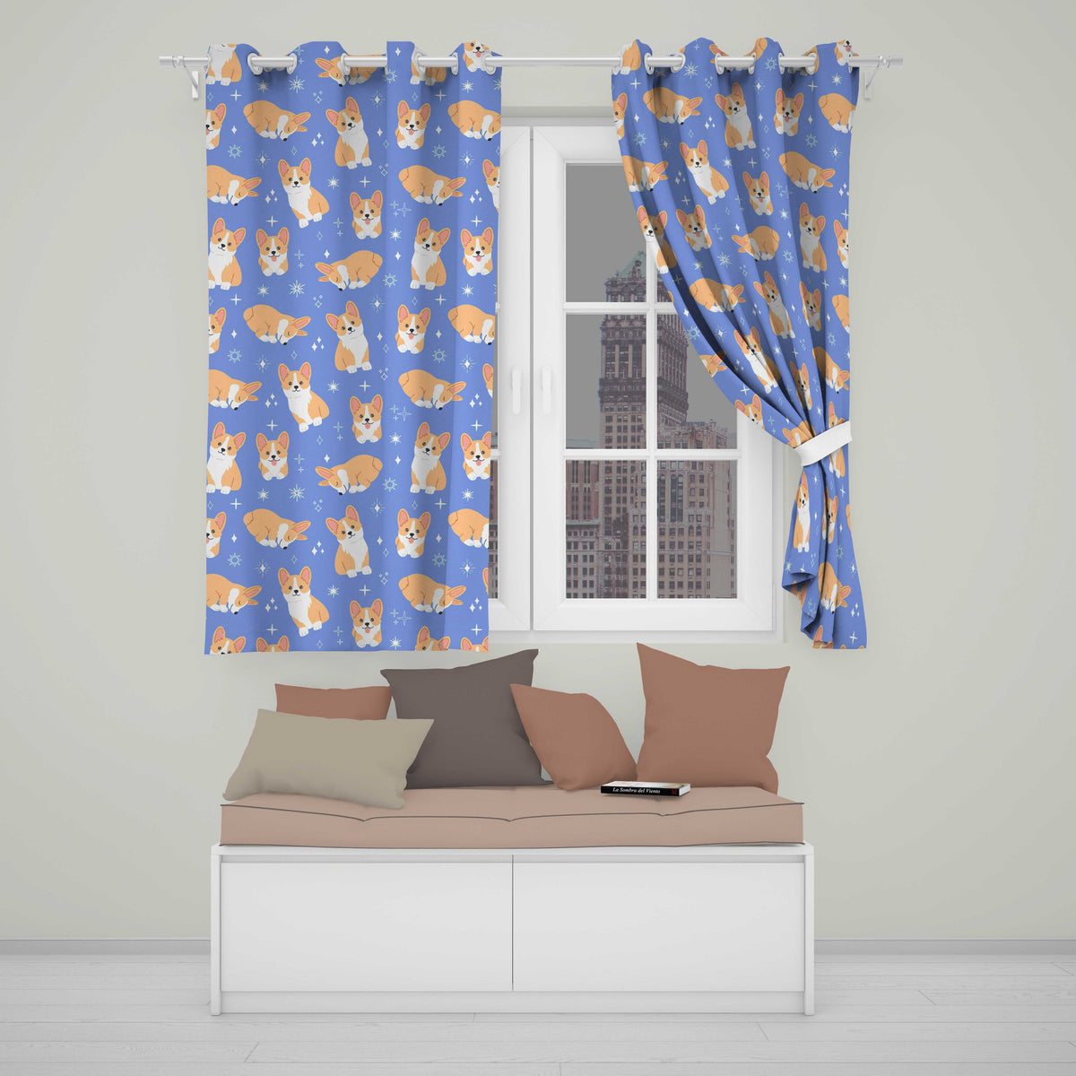 Corgi Dogs Stars Blue Background Pattern Readymade Eyelet Ring Top Thermal 100% Blackout Curtains