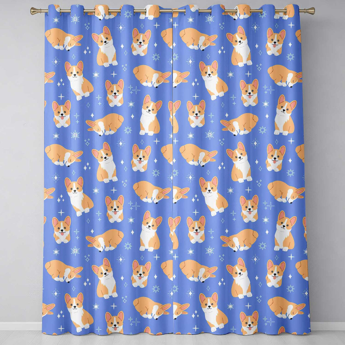 Corgi Dogs Stars Blue Background Pattern Readymade Eyelet Ring Top Thermal 100% Blackout Curtains