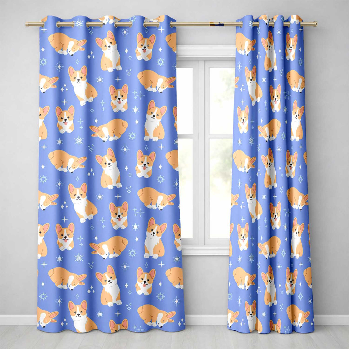 Corgi Dogs Stars Blue Background Pattern Readymade Eyelet Ring Top Thermal 100% Blackout Curtains