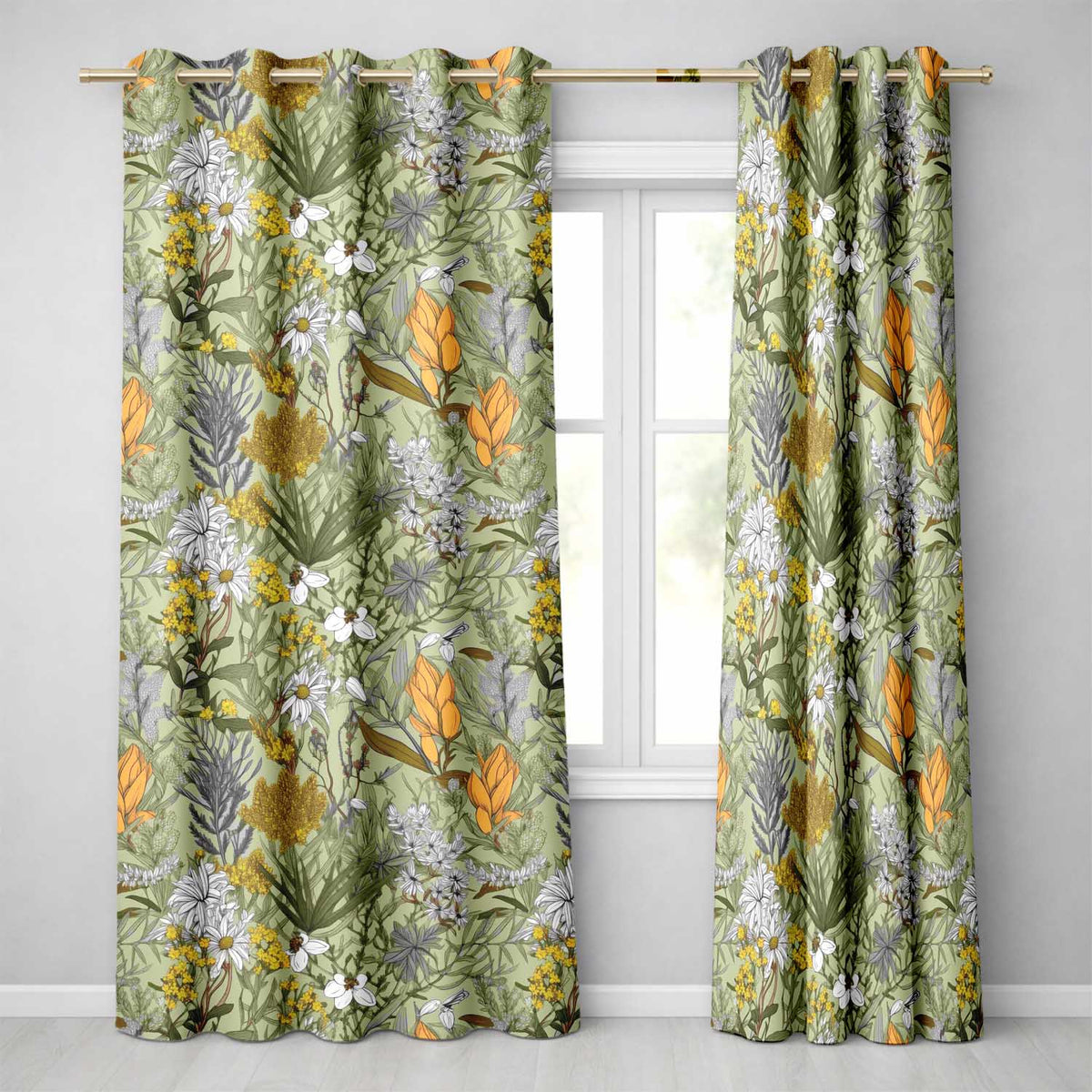 Vintage Botanical Floral Sage Green Detailed Readymade Eyelet Ring Top Thermal 100% Blackout Curtains