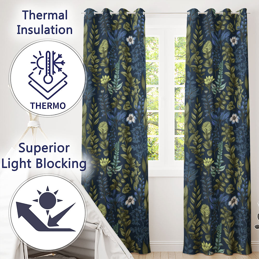 Elegant Botanical Leaves Blue Green Floral Readymade Eyelet Ring Top Thermal 100% Blackout Curtains