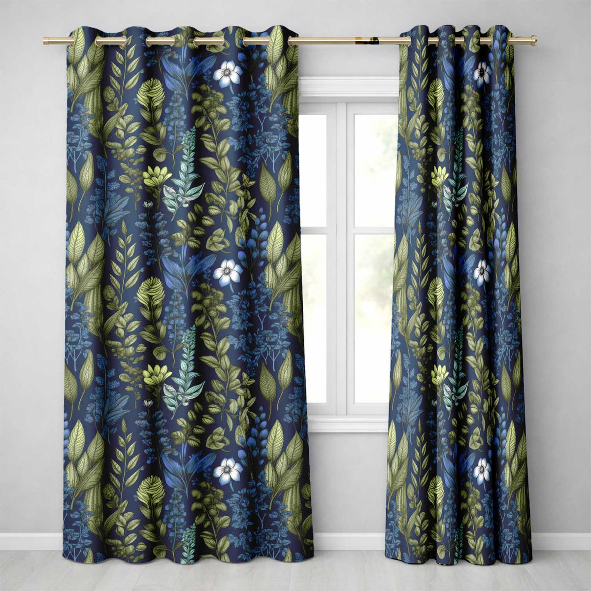 Elegant Botanical Leaves Blue Green Floral Readymade Eyelet Ring Top Thermal 100% Blackout Curtains