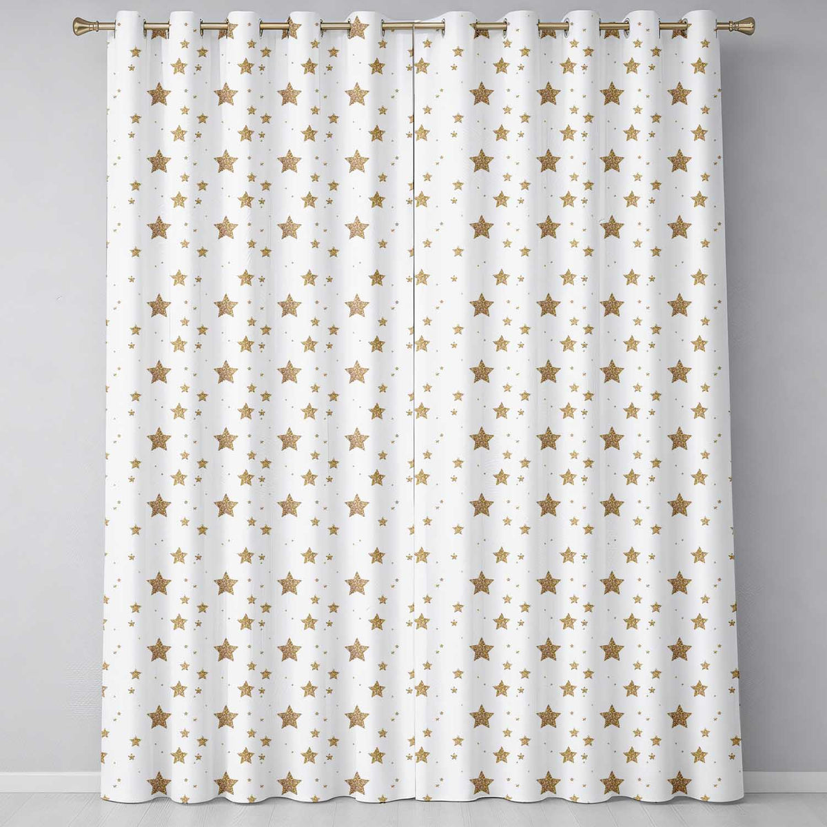 Gold Glitter Stars on White Pattern Readymade Eyelet Ring Top Thermal 100% Blackout Curtains