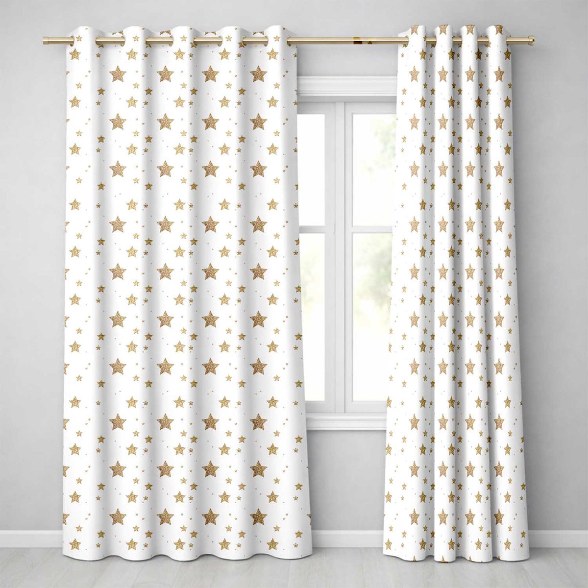 Gold Glitter Stars on White Pattern Readymade Eyelet Ring Top Thermal 100% Blackout Curtains