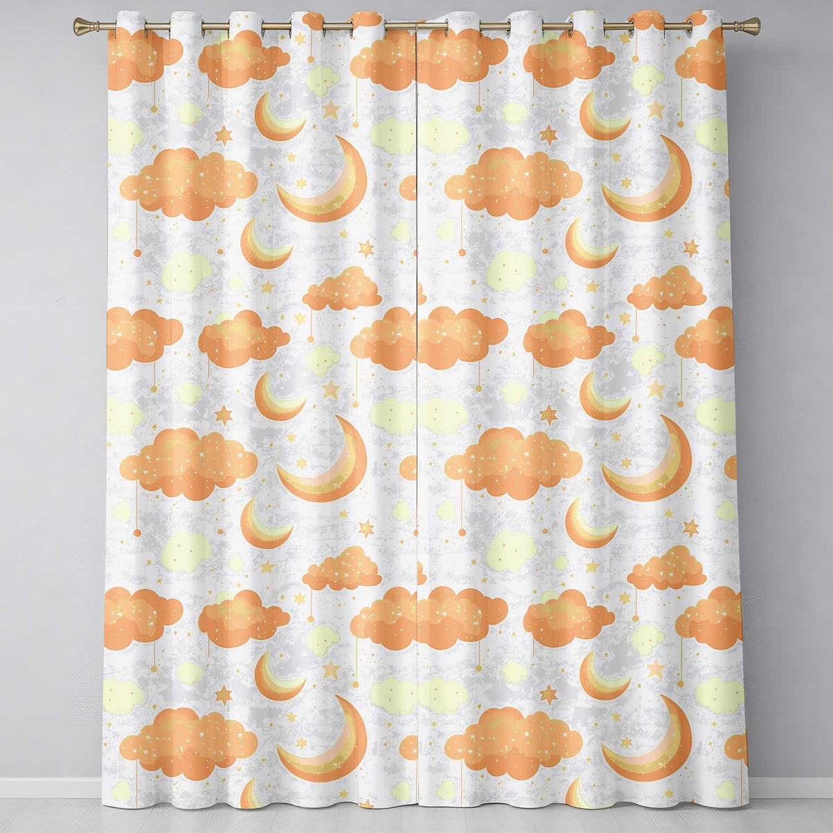 Orange Clouds Moon Stars Pattern Readymade Eyelet Ring Top Thermal 100% Blackout Curtains