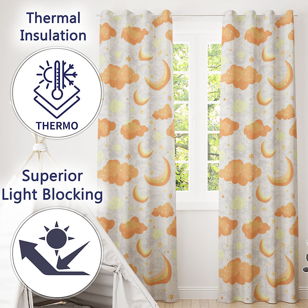 Orange Clouds Moon Stars Pattern Readymade Eyelet Ring Top Thermal 100% Blackout Curtains
