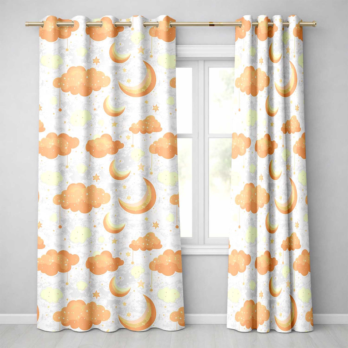 Orange Clouds Moon Stars Pattern Readymade Eyelet Ring Top Thermal 100% Blackout Curtains