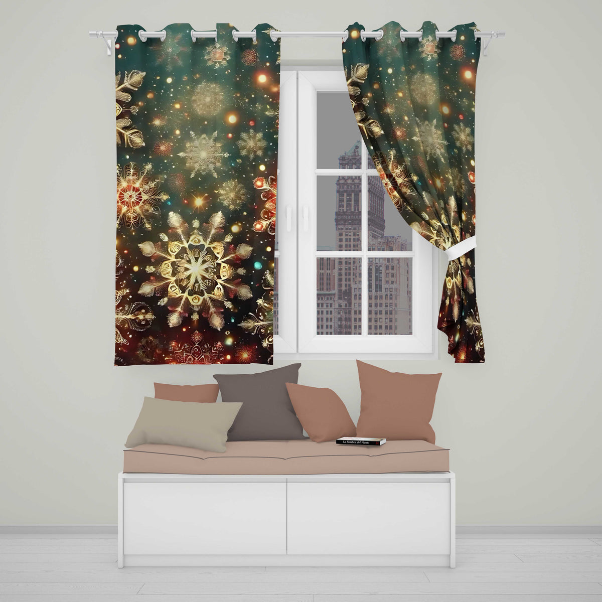 Christmas Snowflake Glitter Pattern Readymade Eyelet Ring Top Thermal 100% Blackout Curtains