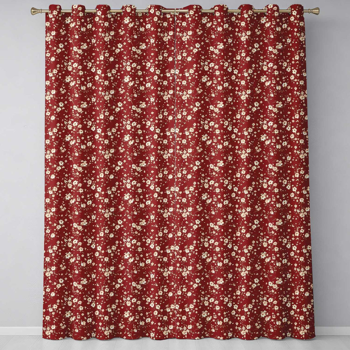 Red Small Floral Pattern Readymade Eyelet Ring Top Thermal 100% Blackout Curtains