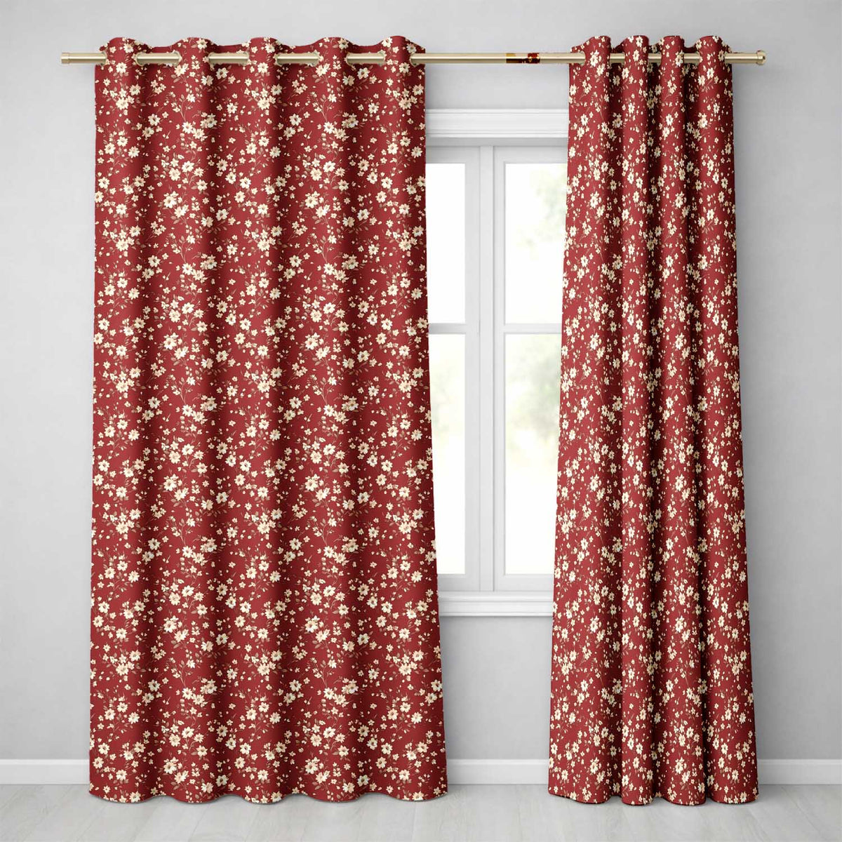 Red Small Floral Pattern Readymade Eyelet Ring Top Thermal 100% Blackout Curtains