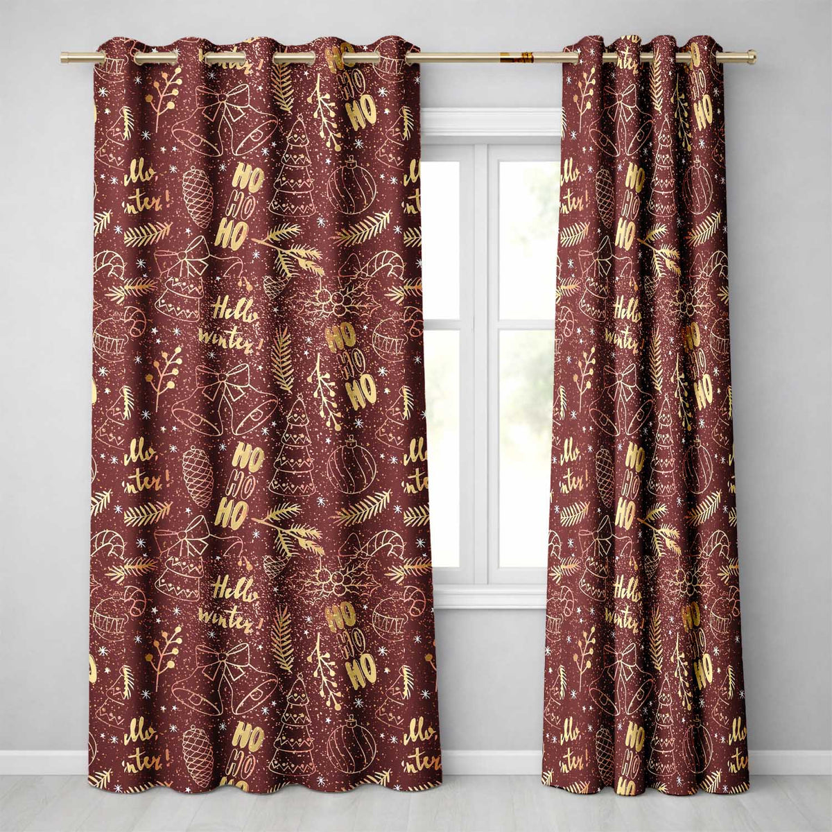 Christmas Gold Foil Typography Bells Tree Festive Readymade Eyelet Ring Top Thermal 100% Blackout Curtains