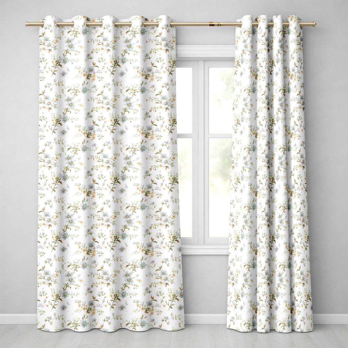 Blue Floral Vintage Blossom Cream Background Readymade Eyelet Ring Top Thermal 100% Blackout Curtains