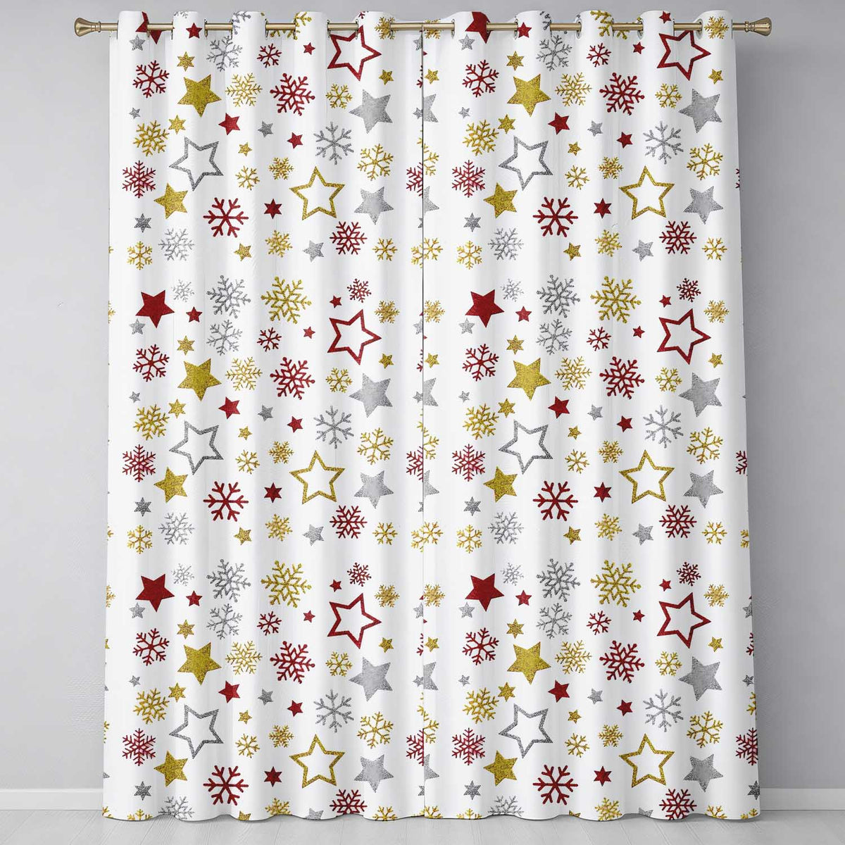 Festive Stars and Snowflakes White Background Readymade Eyelet Ring Top Thermal 100% Blackout Curtains