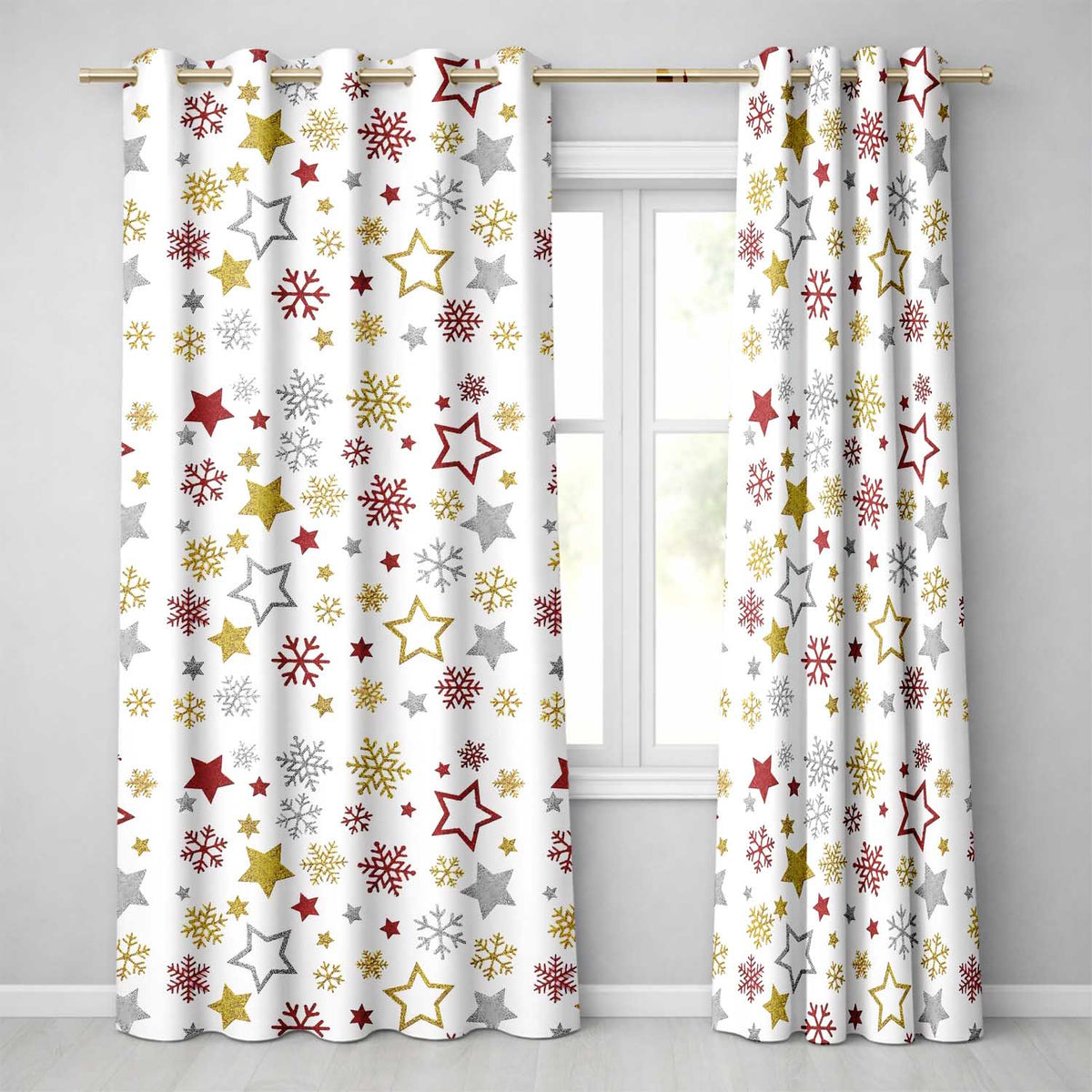 Festive Stars and Snowflakes White Background Readymade Eyelet Ring Top Thermal 100% Blackout Curtains