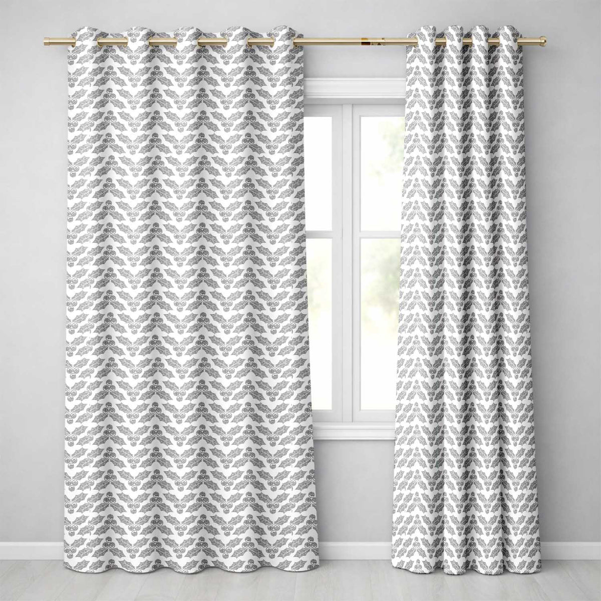 Grey Ornamental Geometric Pattern Elegant Readymade Eyelet Ring Top Thermal 100% Blackout Curtains