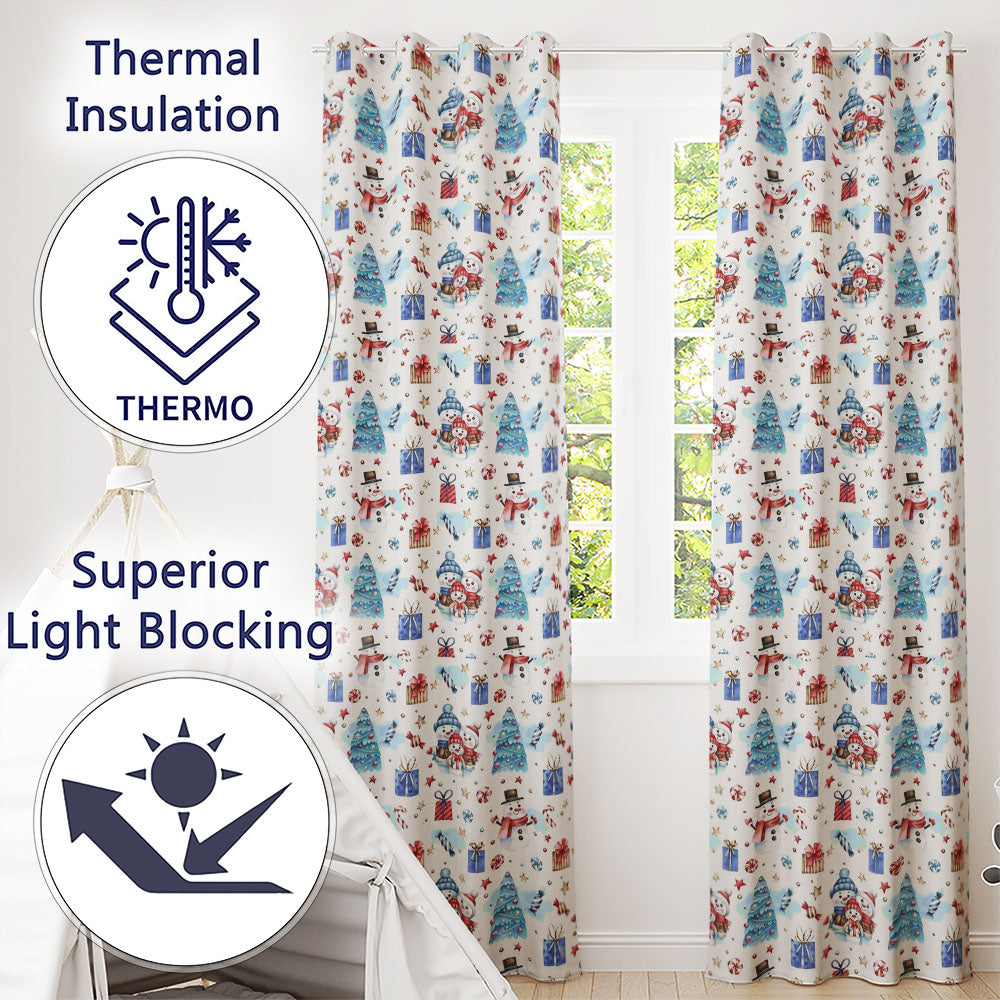 Snowman Christmas Pattern Gifts Candy Winter Readymade Eyelet Ring Top Thermal 100% Blackout Curtains