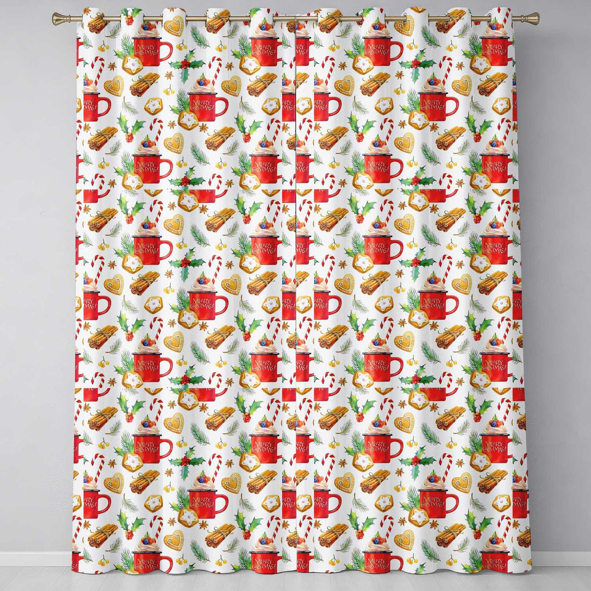 Christmas Mug Candy Cane Gingerbread Festive Readymade Eyelet Ring Top Thermal 100% Blackout Curtains