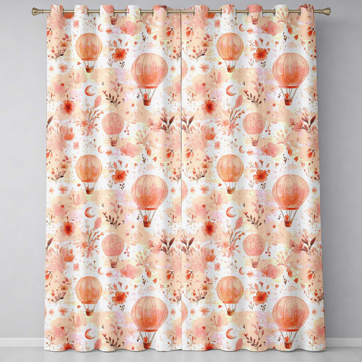 Coral Floral Hot Air Balloon Nursery Watercolour Readymade Eyelet Ring Top Thermal 100% Blackout Curtains
