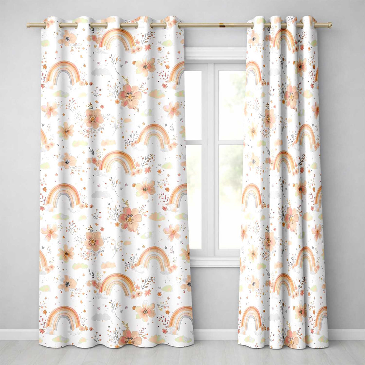 Pastel Rainbow Floral Dreamy Nursery Watercolour Readymade Eyelet Ring Top Thermal 100% Blackout Curtains