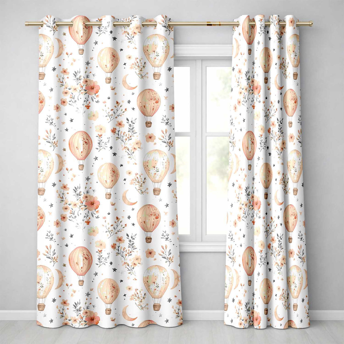 Soft Coral Floral Hot Air Balloon Sky Watercolour Readymade Eyelet Ring Top Thermal 100% Blackout Curtains