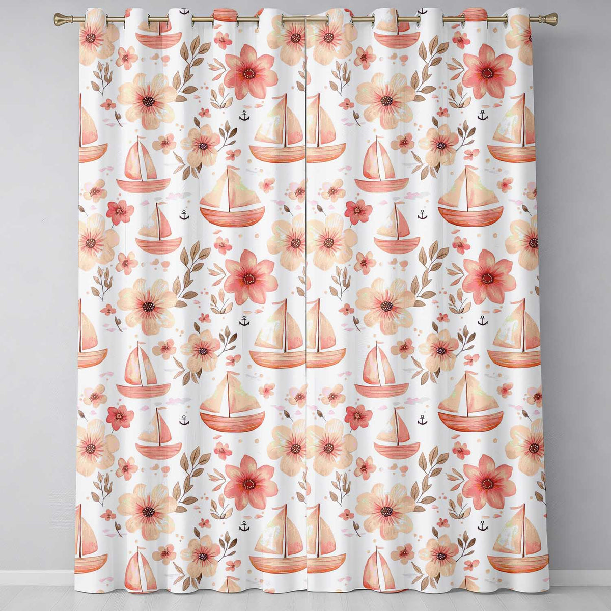Nautical Sailboat Floral Coastal Watercolour Readymade Eyelet Ring Top Thermal 100% Blackout Curtains