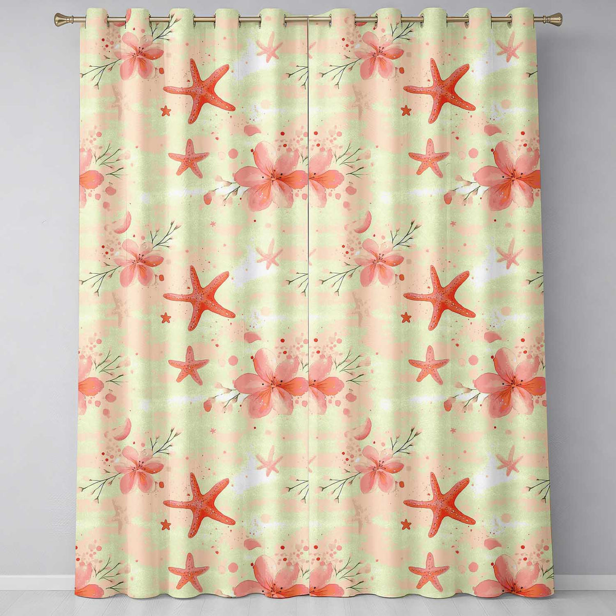 Coral Starfish Ocean Floral Watercolour Coastal Readymade Eyelet Ring Top Thermal 100% Blackout Curtains