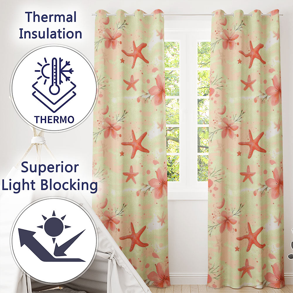 Coral Starfish Ocean Floral Watercolour Coastal Readymade Eyelet Ring Top Thermal 100% Blackout Curtains