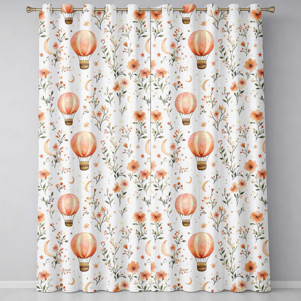 Watercolor Hot Air Balloon Floral Botanical Readymade Eyelet Ring Top Thermal 100% Blackout Curtains