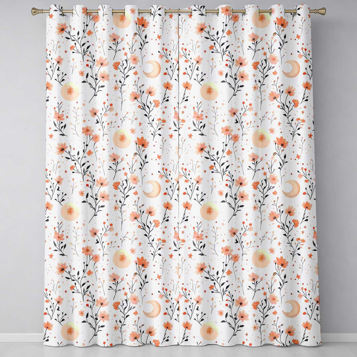 Watercolor Peach Floral Moon Star Botanical Readymade Eyelet Ring Top Thermal 100% Blackout Curtains