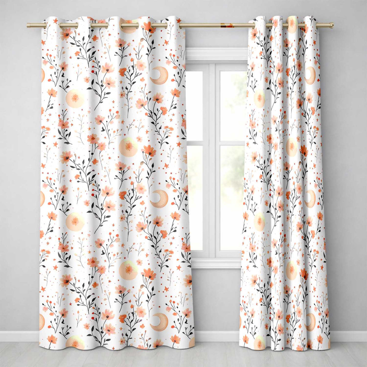 Watercolor Peach Floral Moon Star Botanical Readymade Eyelet Ring Top Thermal 100% Blackout Curtains