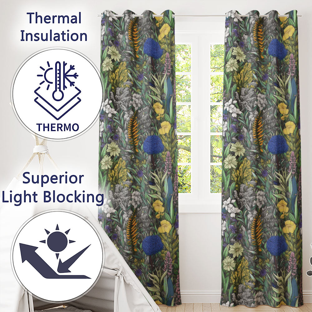 Tropical Botanical Garden Illustration Green Floral Readymade Eyelet Ring Top Thermal 100% Blackout Curtains