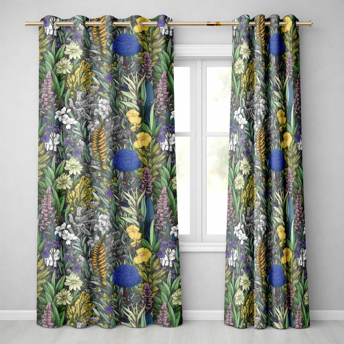 Tropical Botanical Garden Illustration Green Floral Readymade Eyelet Ring Top Thermal 100% Blackout Curtains
