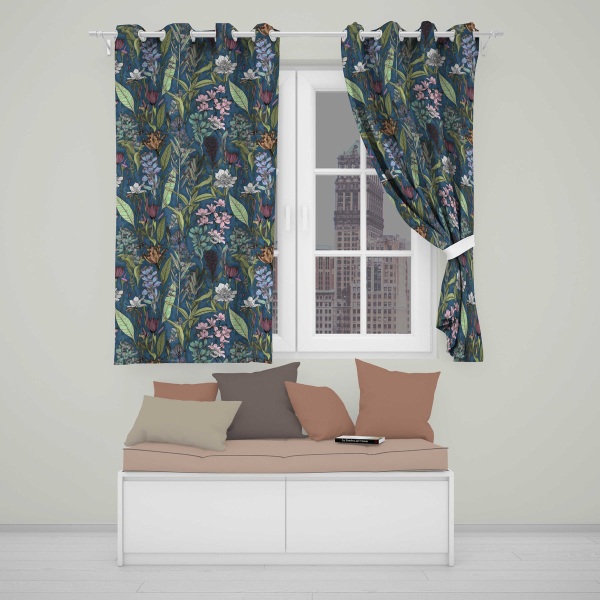Elegant Botanical Floral Line Art Green Background Readymade Eyelet Ring Top Thermal 100% Blackout Curtains