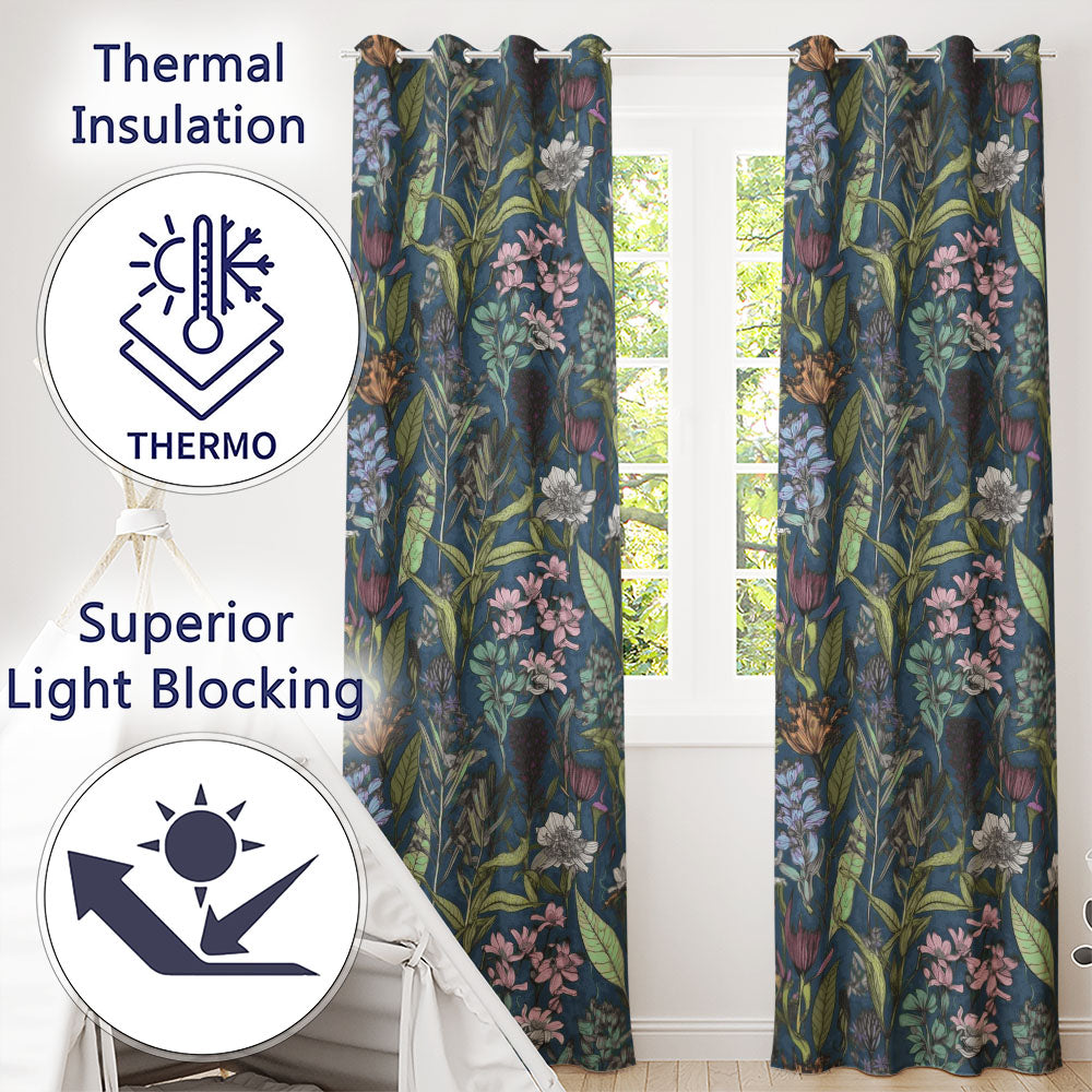 Elegant Botanical Floral Line Art Green Background Readymade Eyelet Ring Top Thermal 100% Blackout Curtains