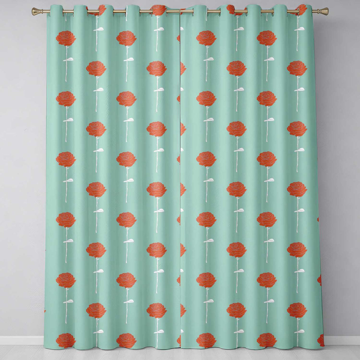 Red Rose Minimal Blue Background Elegant Readymade Eyelet Ring Top Thermal 100% Blackout Curtains