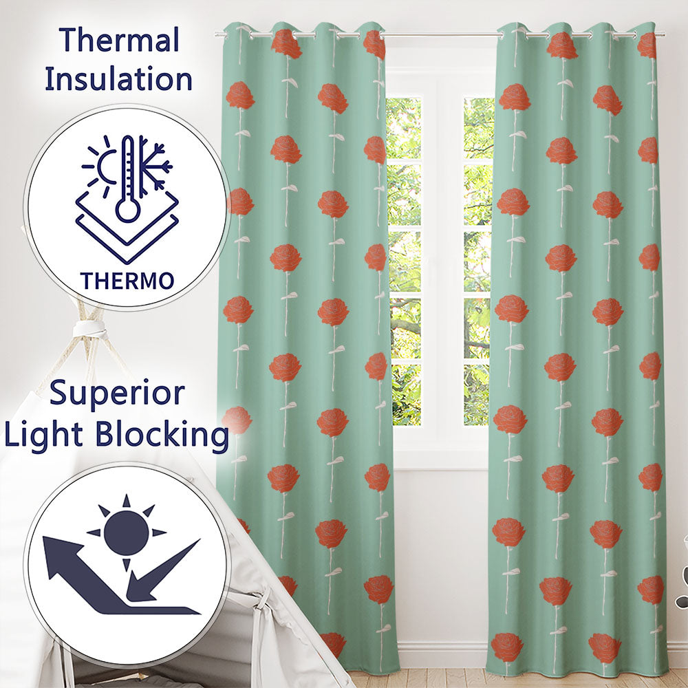 Red Rose Minimal Blue Background Elegant Readymade Eyelet Ring Top Thermal 100% Blackout Curtains