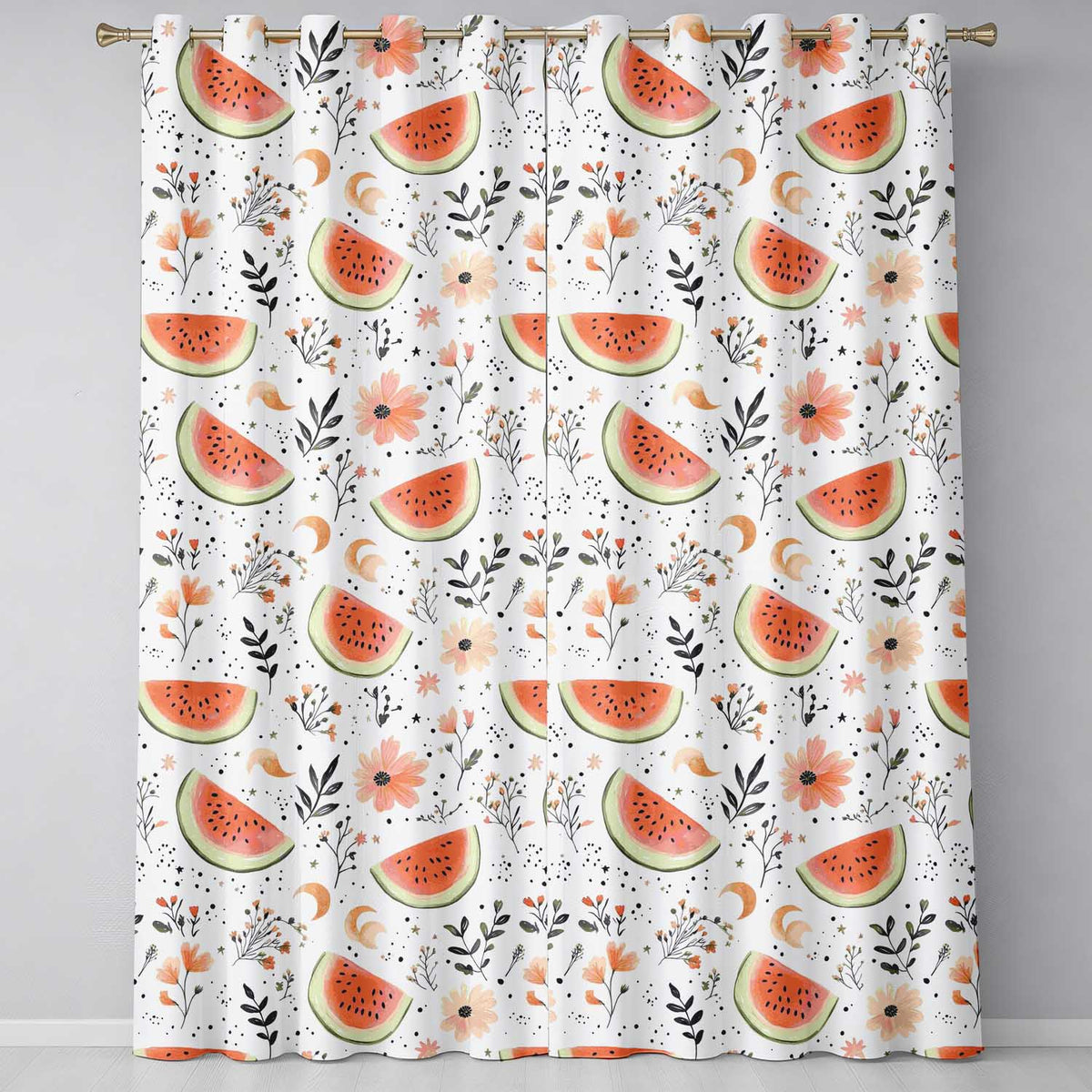 Watermelon Slice and Floral Summer Theme Readymade Eyelet Ring Top Thermal 100% Blackout Curtains
