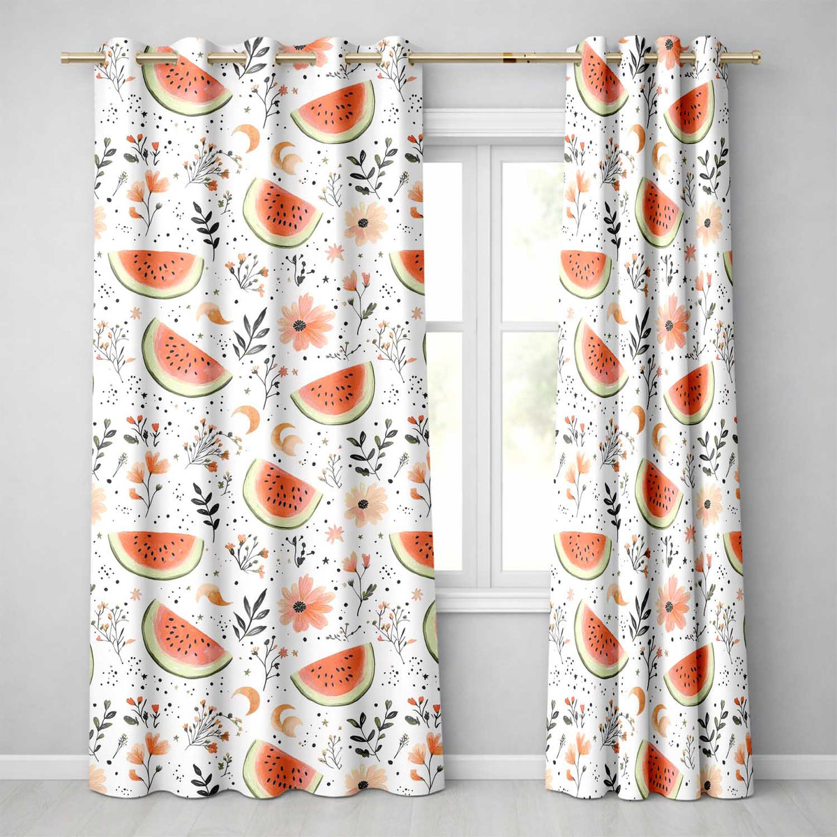 Watermelon Slice and Floral Summer Theme Readymade Eyelet Ring Top Thermal 100% Blackout Curtains