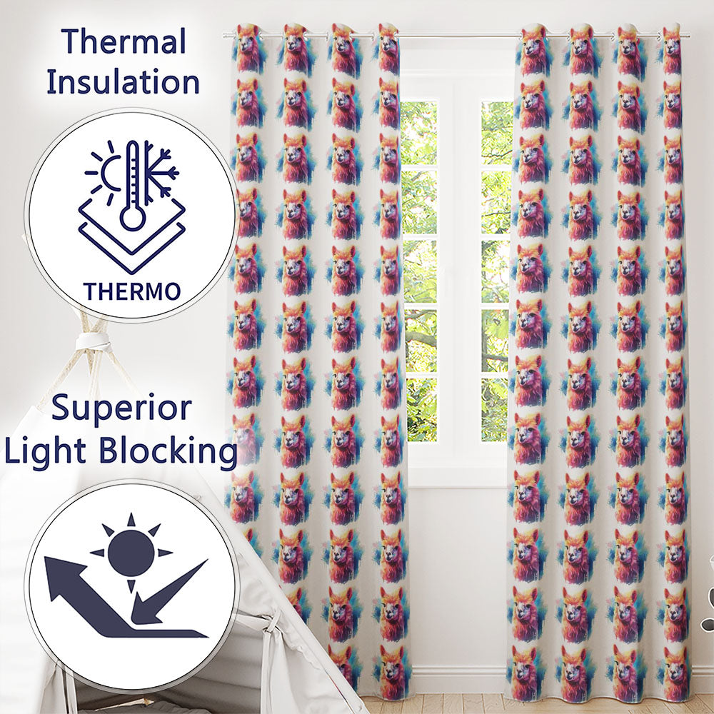 Colourful Alpaca Bright Artistic Readymade Eyelet Ring Top Thermal 100% Blackout Curtains